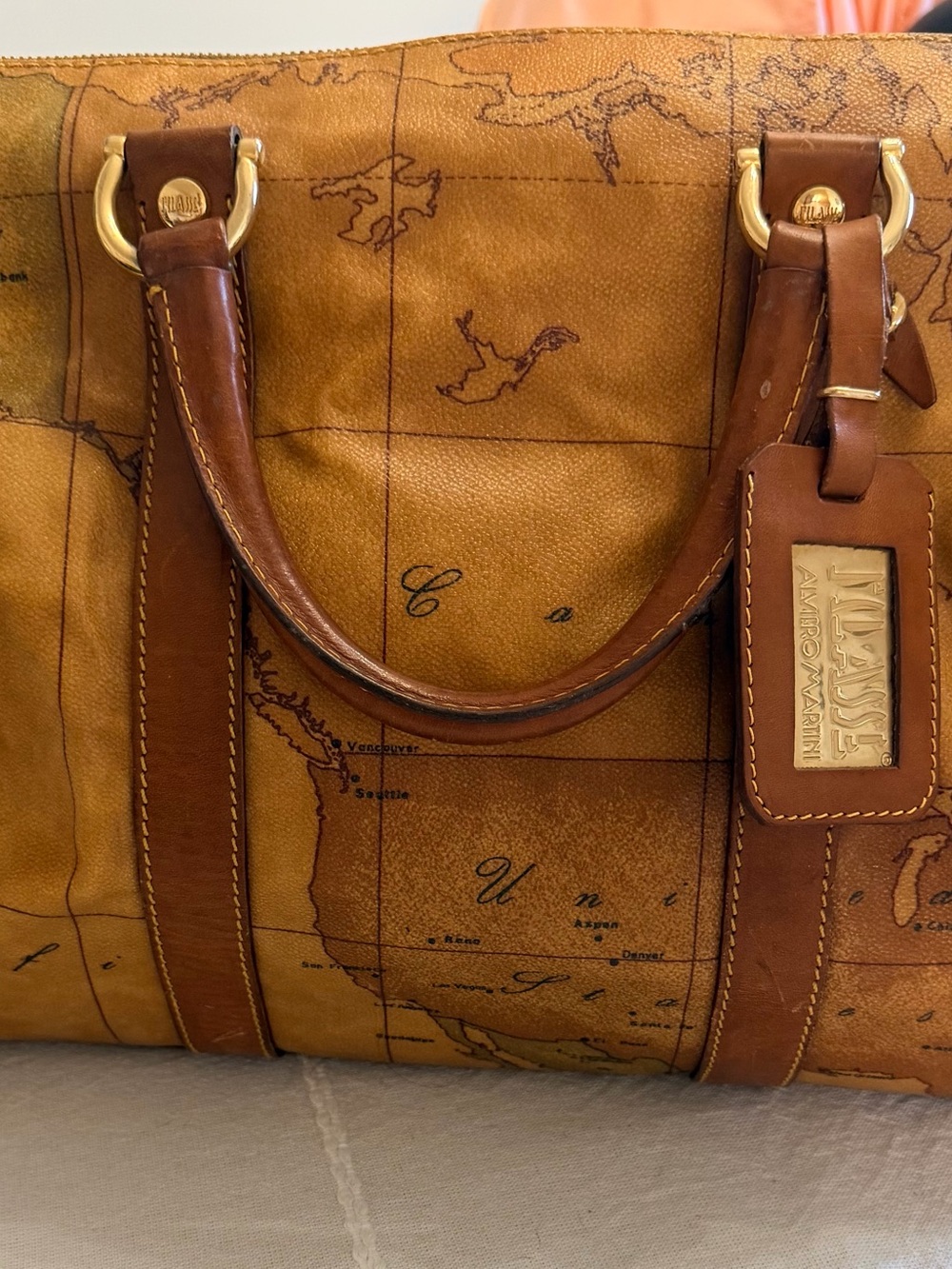 Alviero Martini Tan and Brown Geo-Map Travel Tote